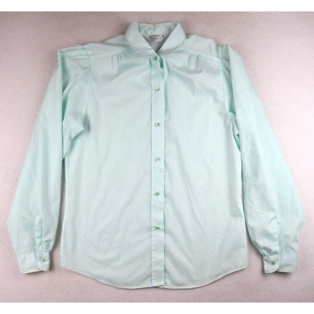 VINTAGE WOMEN'S MINT GREEN LONG SLEEVE BUTTON-UP BLOUSE - CLASSIC ELEGANCE - 10